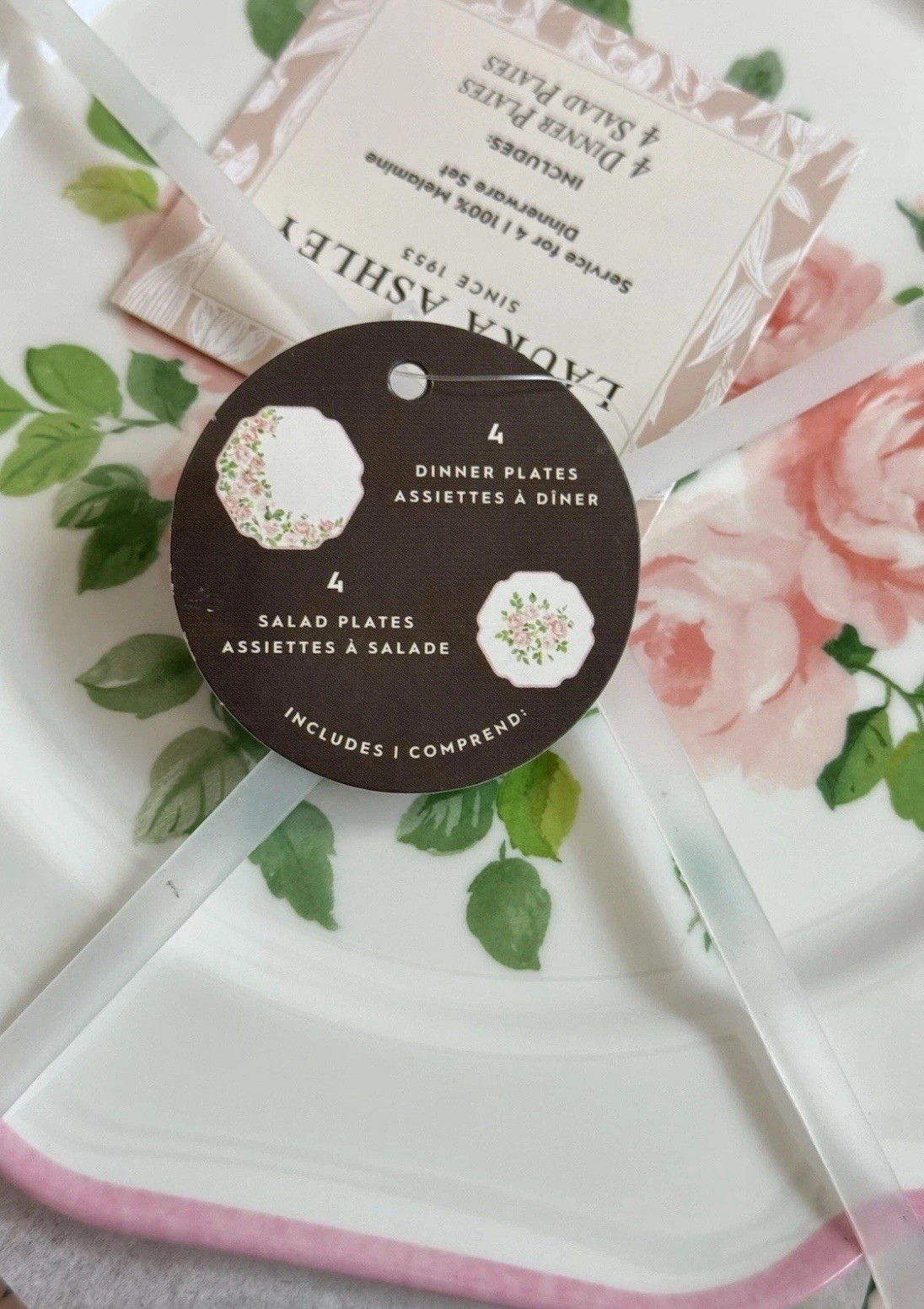 8pc Laura Ashley Pink Rose Floral Melamine Salad & Dinner Plate Set Spring NEW