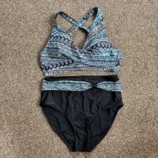 Black  Blue High Waisted Cross Back Bikini Top And Bottom Swimsuit Size M