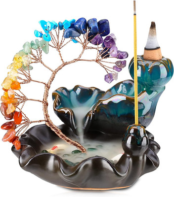 Crystal Tree Backflow Incense Burner Waterfall Lotus Fish Ceramic Meditation Dec
