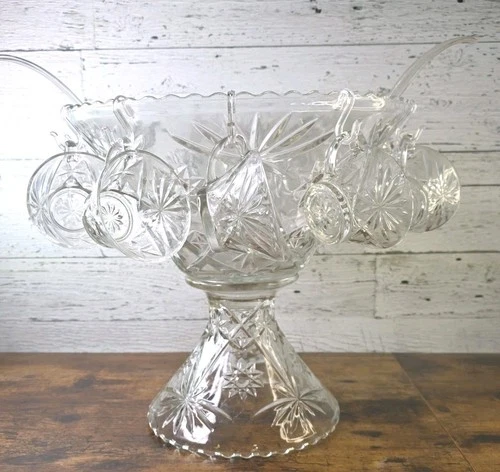 VTG MCM Anchor Hocking EAPC Star of David Punch Bowl & Stand 11 Cups 2 Laddles