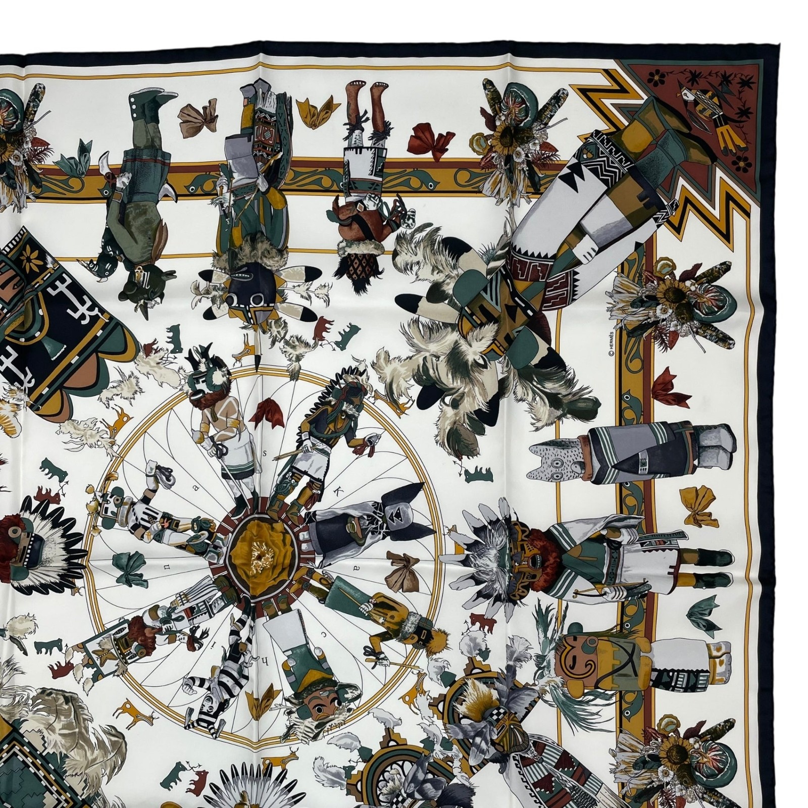 Excellent HERMES Carré 90 Silk Scarf “Kachinas”White – With Box image 4
