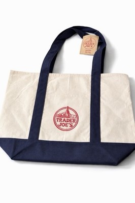 Trader Joe's Canvas Reusable Foldable Shopping Bag Beige Navy Blue Solid