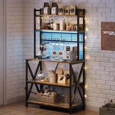 Kitchen Bakers Rack with Power Outlet & LED Lights, 5 Tiers Coffee Bar Table wit