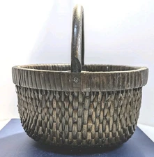 Reed Basket Bent Wood Handle Dk Brown Round Woven Antique c. 1900 Market Wicker