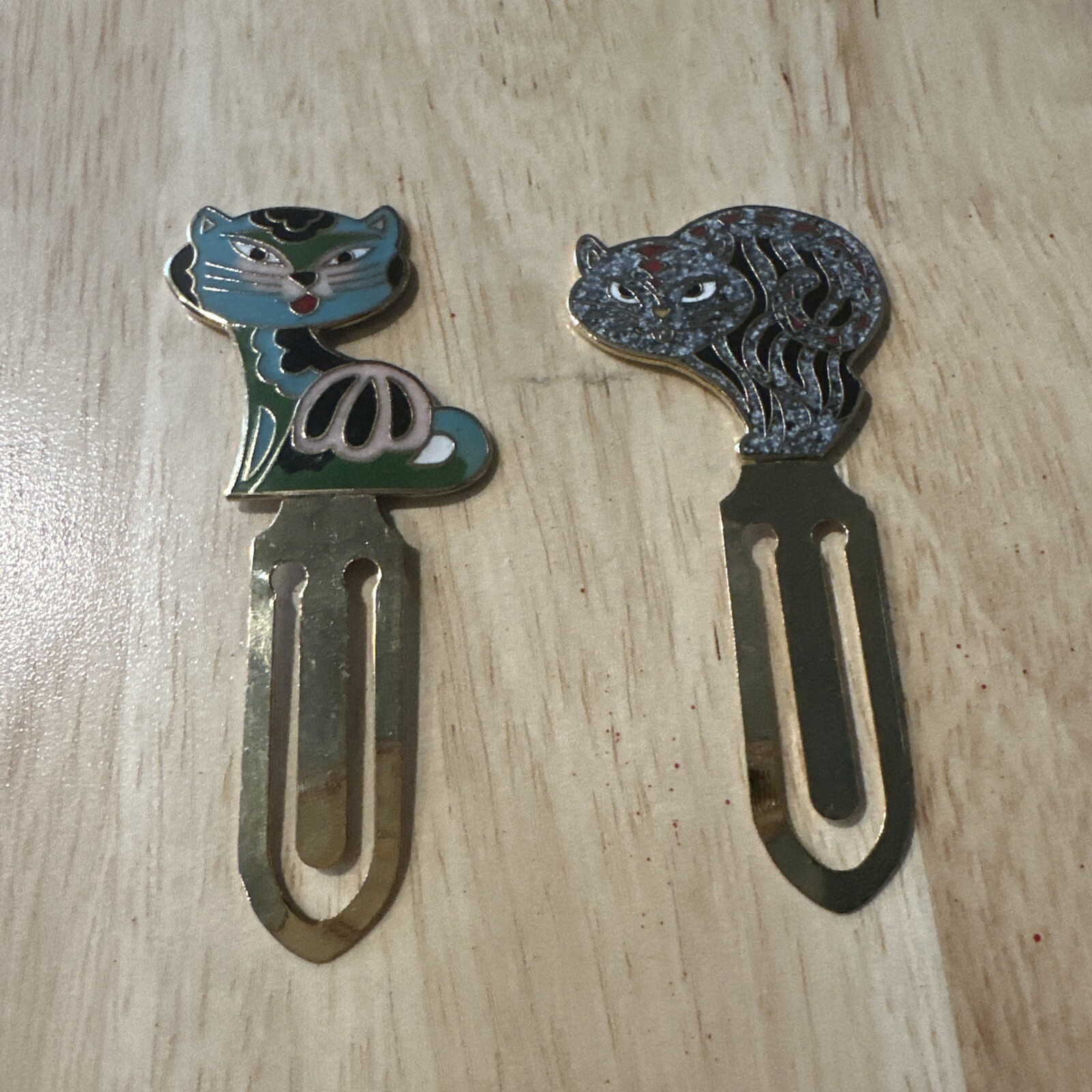 Vintage Cloisonne Enamel Kitty Cat Bookmark Multicolor Gold-Tone Metal lot of 2