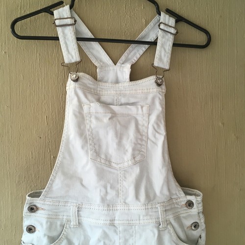 Vintage JORDACHE Denim BIB White Jean Shorts OVERALLS Distressed Size XL 14 16 - Picture 4 of 8