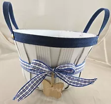 Dolly Parton 9" White Wood Basket Round Blue Handles Gingham Plaid Bow Butterfly