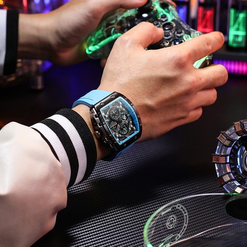 Reloj de pulsera cuadrado de lujo con banda de goma resistente al agua acero inoxidable con fecha para hombre - Imagen 9 de 25