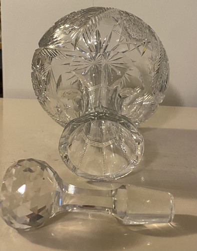 American Brilliant Cut Glass Bergen Decanter Notched Prisms Over Hob Stars 9”H - Picture 3 of 6