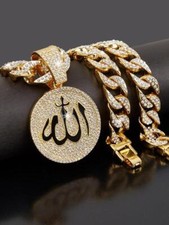 Allah Muslim Medal Pendant 14mm 20" Iced Cubic Zirconia Chain Hip Hop Necklace
