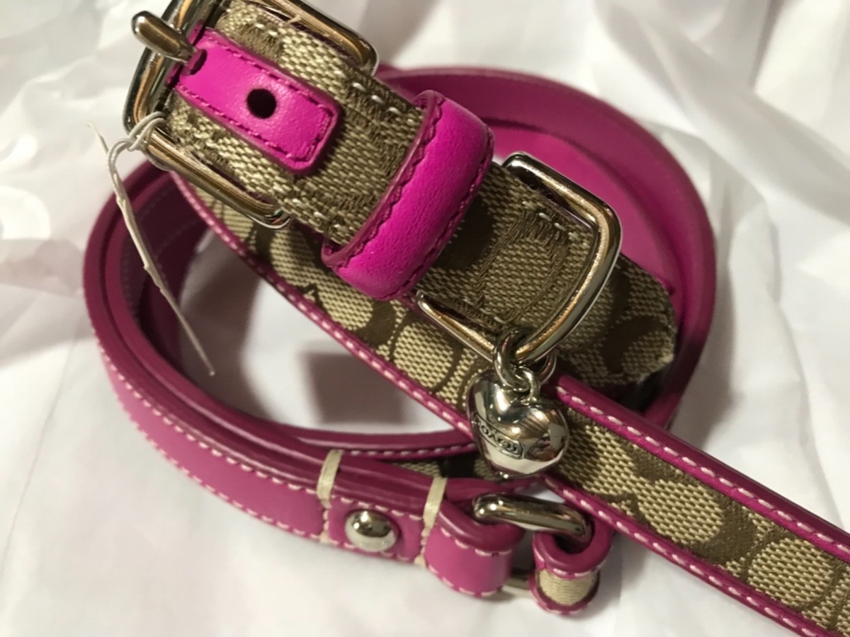 NEW COACH SET PINK BOW SIGNATURE EXTRA SMALL DOG COLLAR & LEASH S