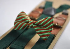Xmas Christmas Red Green Candy Stripes Bow tie bowtie Green Elasitc Suspenders