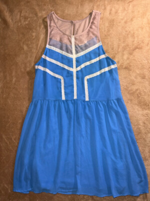 Lush Women Small Blue Cream Mesh Sleeveless Fit Flare Knee Length Dress (V)  | eBay