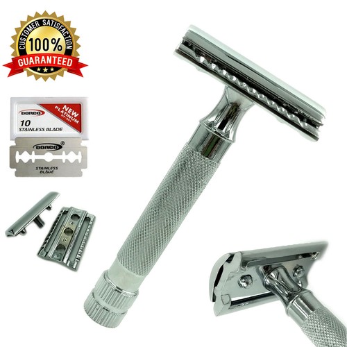 3.5" HANDLE STAINLESS STEEL DOUBLE EDGE SAFETY RAZOR FOR MEN + 10