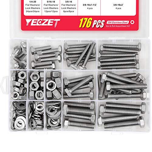 304 Stainless Steel Hex Bolt Set - 1/4-20 X 2 Inch With Nuts & Washers (12 Pack)