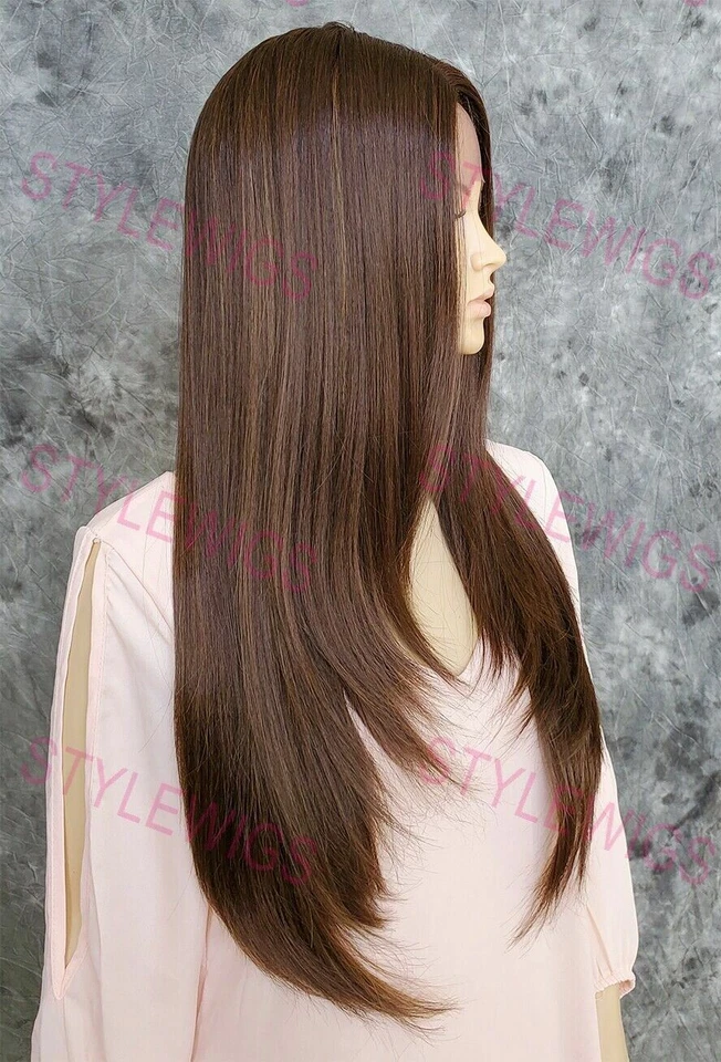 棕色/金发/奥本长直热 OK 蕾丝前人类头发混纺假发 EVEU — 第 3/4 张图片