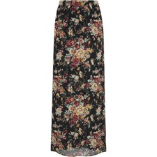 Vintage Floral Rose Print Maxi Skirt with Lace Back Panel Black Cream Boho