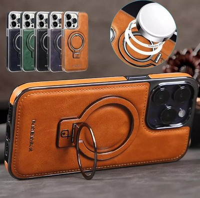 Metall Magnet für iPhone 17 16 15 Pro Max 14 13 Leder Ständer Hybrid Case Hülle