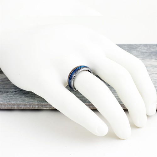 Tungsten Men's Ring Blue Fishing Line-Whiskey Barrel Wood & Deer Antler Band - Picture 10 of 12