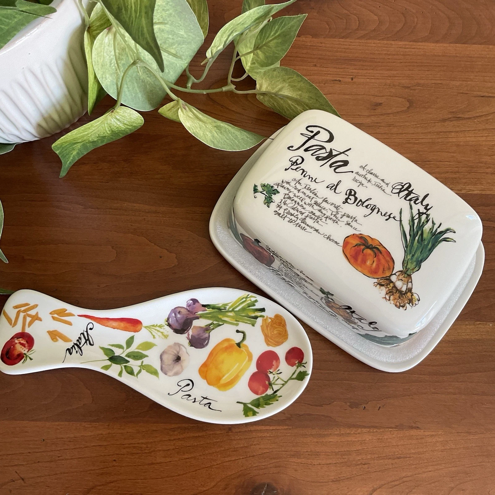 Rosanna Pasta Italian Ceramic Covered Butter Dish & Spoon Rest Set-NEW!