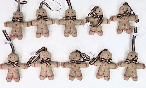 Crate & Barrel Felt Gingerbread Ornaments W/ Ribbon Tie Hanger X 10, New