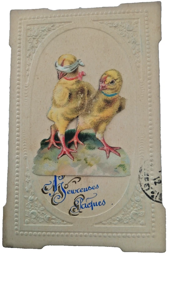 CPA FANTAISIE EN RELIEF / ORNEE D'UN DECOUPIS AUX POUSSINS / HEUREUSES PAQUES - Photo 1/1