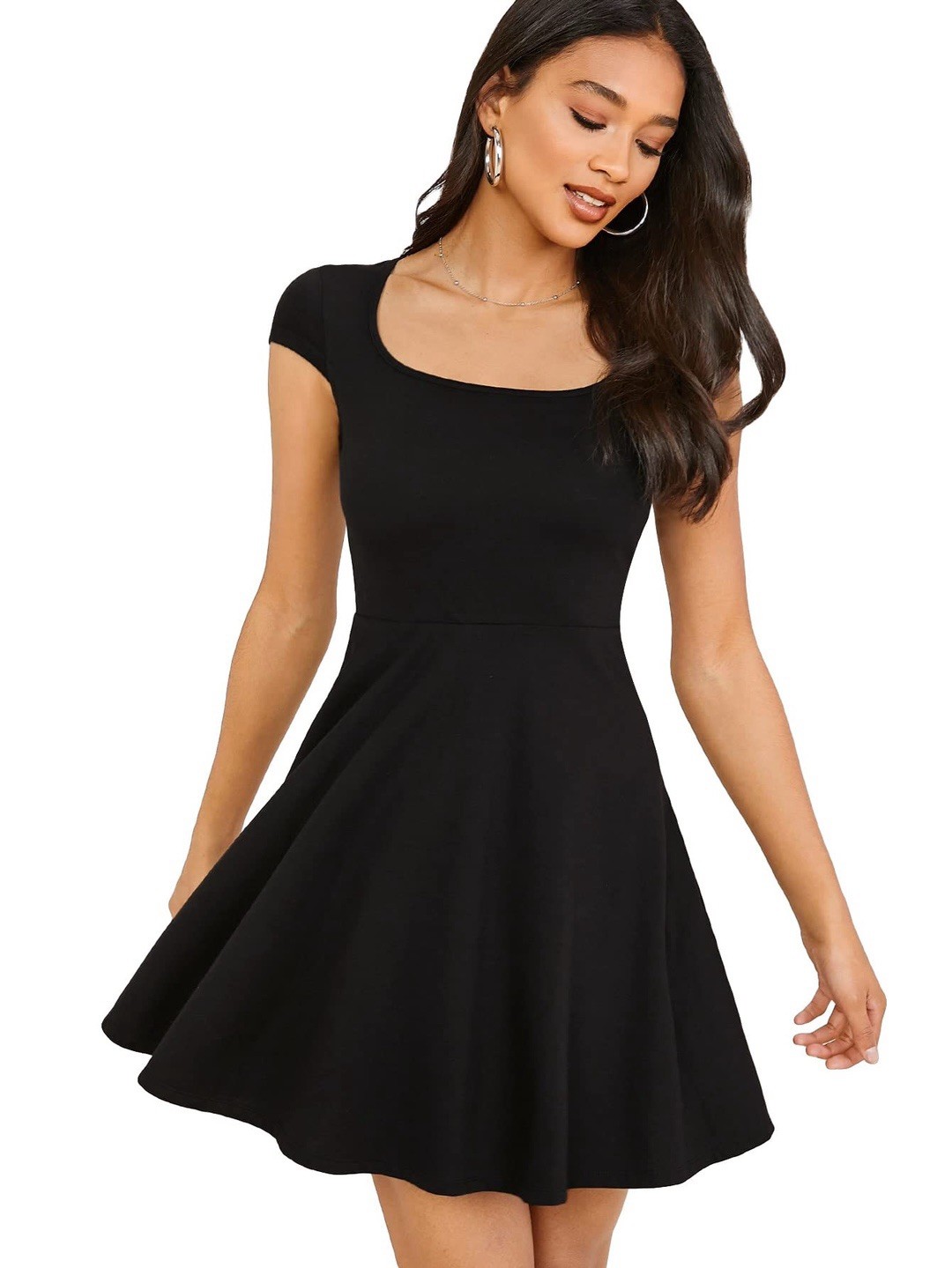 Women's Mini Dress with Scoop Neck and Cap Sleeves – Black, XL