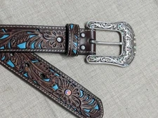 vintage ARIAT buckle belt TOOLED leather 30 brown WESTERN brown CUT-OUT studded