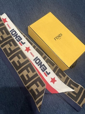 FENDI Lappy Skinny Silk Scarf Brown Blue Red   Reversible Bandana with Box