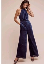 Anthropologie Elevenses Nova Blue Polka Dot Burnout Velvet Jumpsuit Size 2