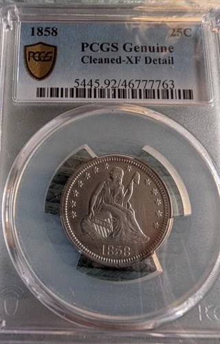1858 P Seated Liberty Quarter PCGS  Certified Cleaned XF Details