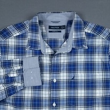Nautica Classic Men's XL Contrast Flip Cuffs Collar Button-Down Shirt Blue Plaid
