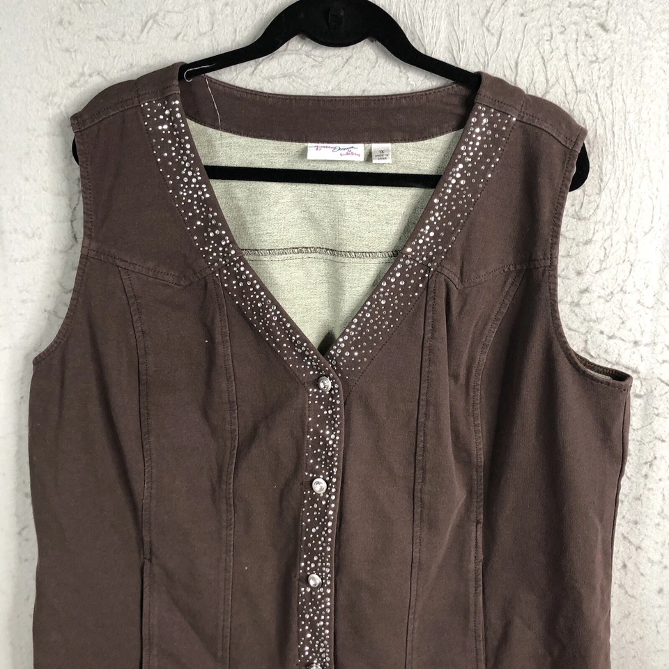 Quacker Factory Vest Womens 1X Plus Size Brown Sparkle Denim Stretch Western - Image 2 of 4