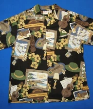 Go Barefoot Hawaiian Aloha Shirt 1950sStyle Island Postcards Black Shirt Size XL