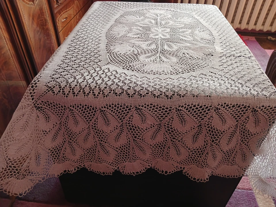 Hand Knitted Tablecloth 91″ Cotton Handmade Lace Doily - Image 4 of 4
