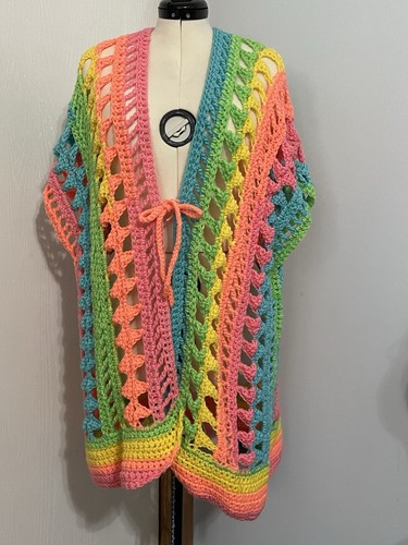 Crochet Shawl/ Beachwear Cover Up. Psychedelic Color“ New Handmade. XL / XXL