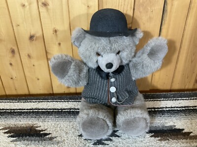 Vintage 1987 Grey Applause Teddy Bear Plush With Bow Tie, Bowler
