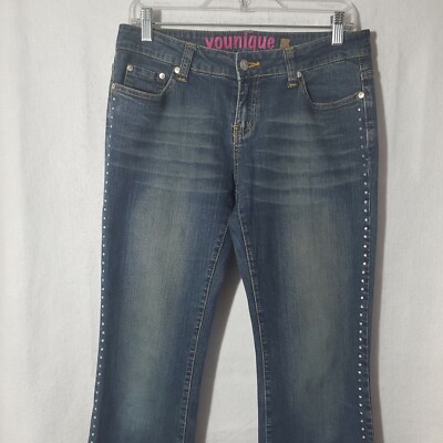 Younique Jeans Women's 7 Raw Hem Embellished Flare Blue Jeans 28X32