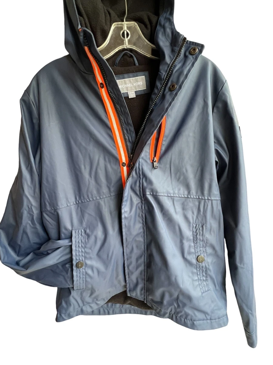 Michael Kors Boys 18 20 Rain Jacket Navy Blue w Neon Orange ZIP Hooded. SAFETY