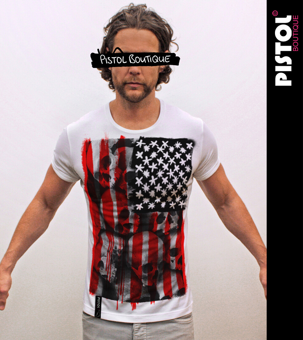 T-Shirt Uomo Pistol Boutique – Bianca Con Stelle E Strisce USA E Teschi – Cotone Jersey Regular Fit - Foto 3