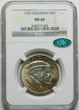 1924 Huguenot Silver Commemorative Half Dollar NGC MS-66 CAC- Lusterous