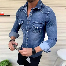 Spring Autumn Vintage Solid Men Washed Denim Shirt Causal Full Sleeve Turn down