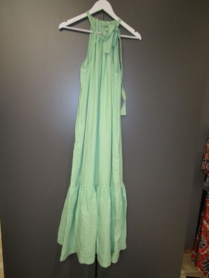 Riani Neckholderkleid Mintgrün Leinen A-Form Stufe Taschen Gr 38 V4-120