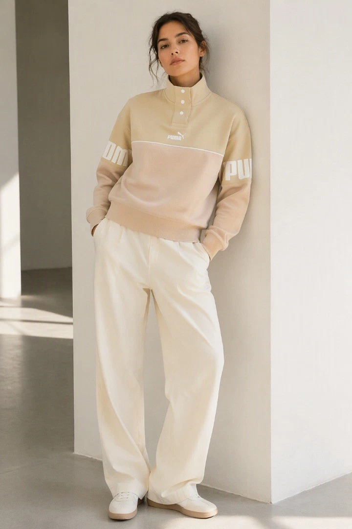 PUMA Women's Power Colourblock Crew Neck Sweatshirt Light Sand Size S BNWT
