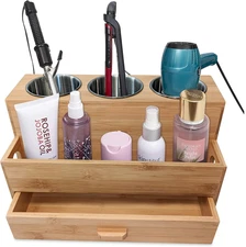 Hair Tool Organizer- Bamboo, Blow Dryer Holder, Bathroom Countertop, Vanity Cadd