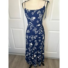 Reformation Midi Dress Floral Tie Strap 8 Navy Blue Tiered Smocked Back Viscose