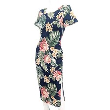 Vtg 90s Hawaiian Floral Sheath Midi Dress Tropical Coastal Fitted Slit Petite