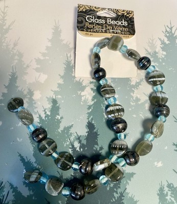 46 Piece String of Blue, Black and Grey Glass Beads for Jewelry Making