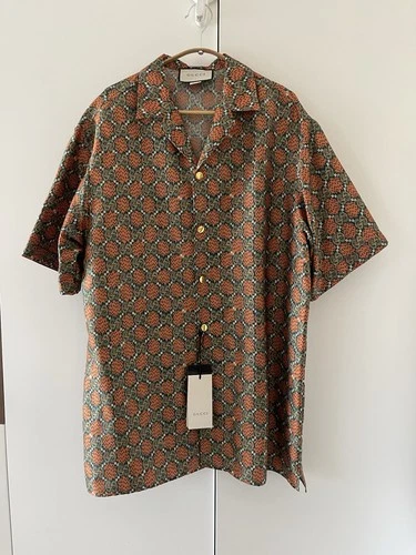GUCCI GG Monogram 100% Silk Bowling Shirt Orange Green IT 50 Made in Italy - product listing photo