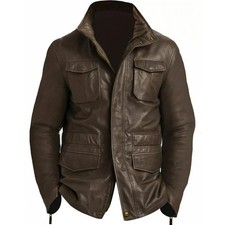 Mens M65 Real Lambskin Brown Leather Jacket Field Military Leather Coat UK